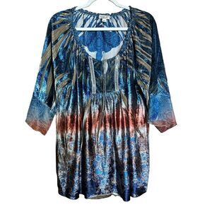 One World Live and Let Live Top Womens 1X Multicolor Boho Print Stretch Blouse